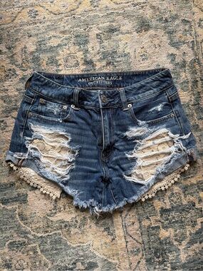 American Eagle Outfitters Blue Distressed Lace-Trim Denim Shorts
